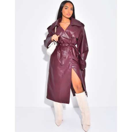 Trench en similicuir grainé à ceinture à la taille