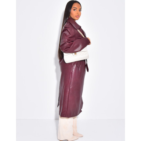 Grained faux leather trench coat with belted waist