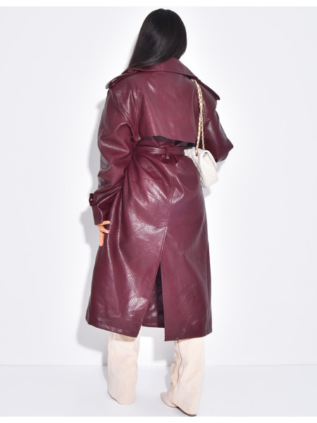 Grained faux leather trench coat with belted waist