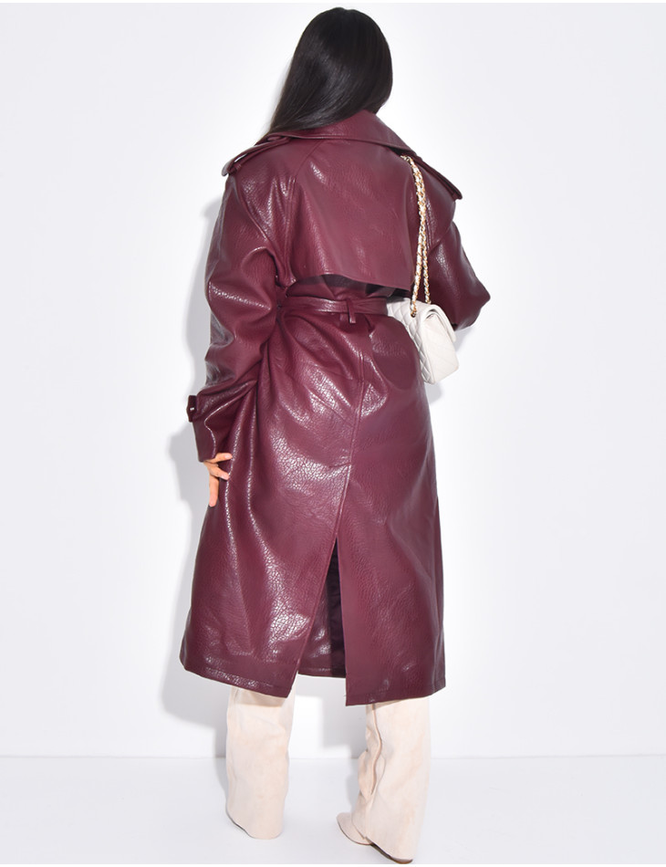Grained faux leather trench coat with belted waist