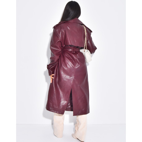 Grained faux leather trench coat with belted waist