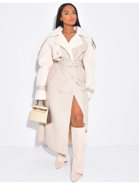 Manteau long en similicuir fourré & empiècements contrastants