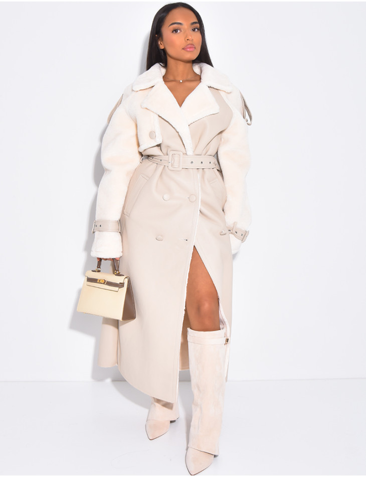 Manteau long en similicuir fourré & empiècements contrastants