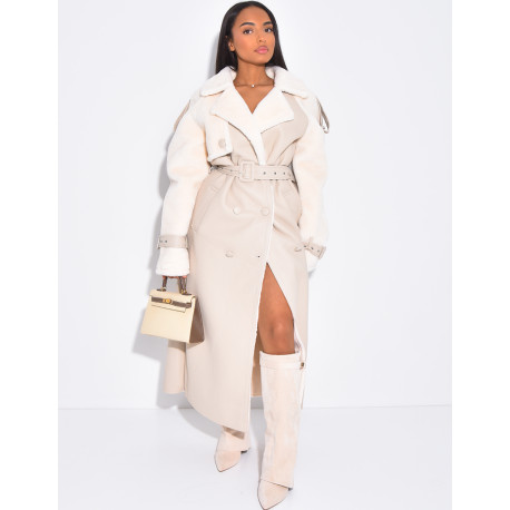 Manteau long en similicuir fourré & empiècements contrastants