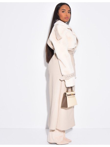 Manteau long en similicuir fourré & empiècements contrastants