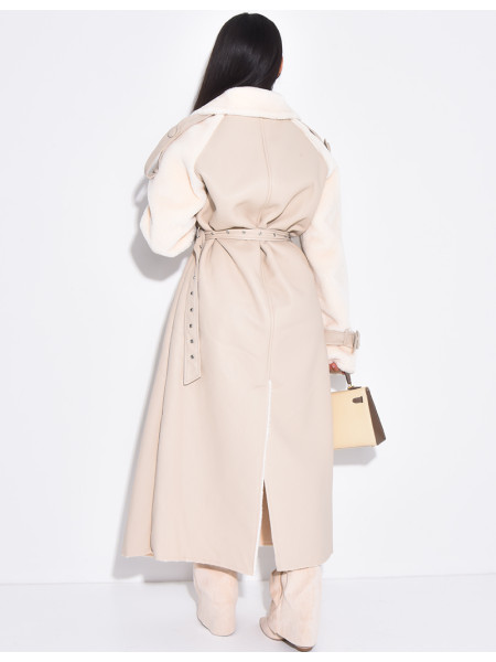 Manteau long en similicuir fourré & empiècements contrastants