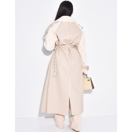 Manteau long en similicuir fourré & empiècements contrastants