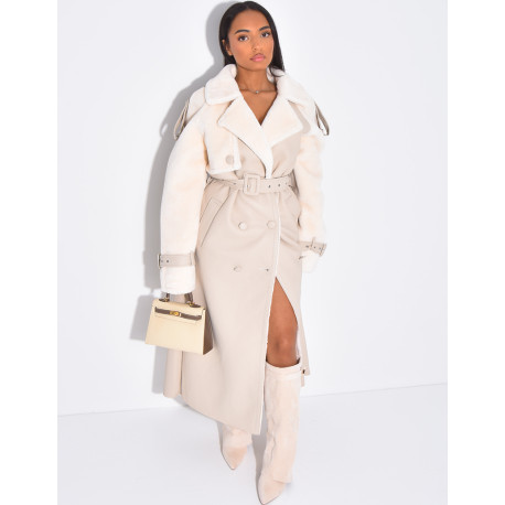 Manteau long en similicuir fourré & empiècements contrastants