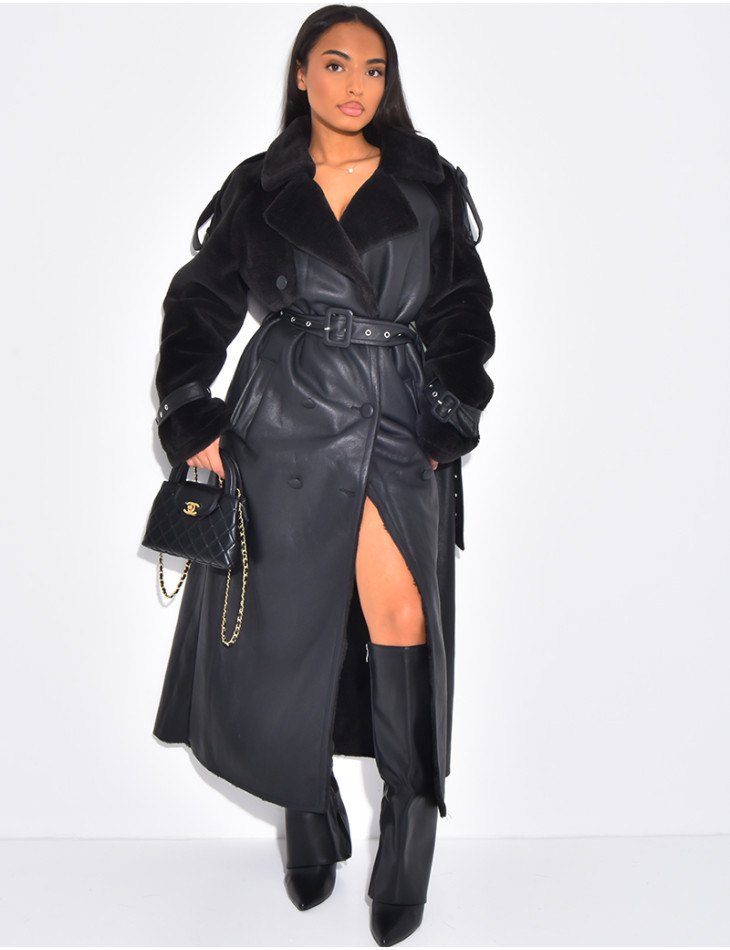 Manteau long en similicuir fourré & empiècements contrastants