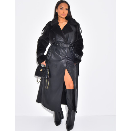 Manteau long en similicuir fourré & empiècements contrastants