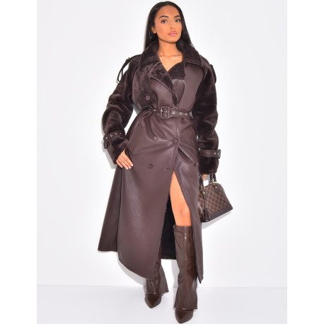 Manteau long en similicuir fourré & empiècements contrastants