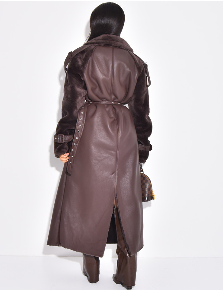 Manteau long en similicuir fourré & empiècements contrastants