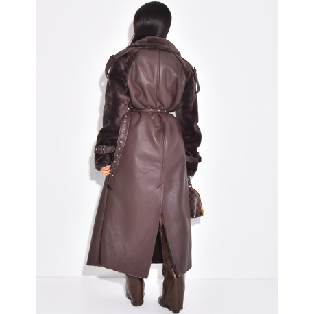 Manteau long en similicuir fourré & empiècements contrastants