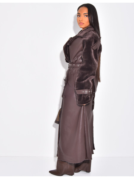 Manteau long en similicuir fourré & empiècements contrastants