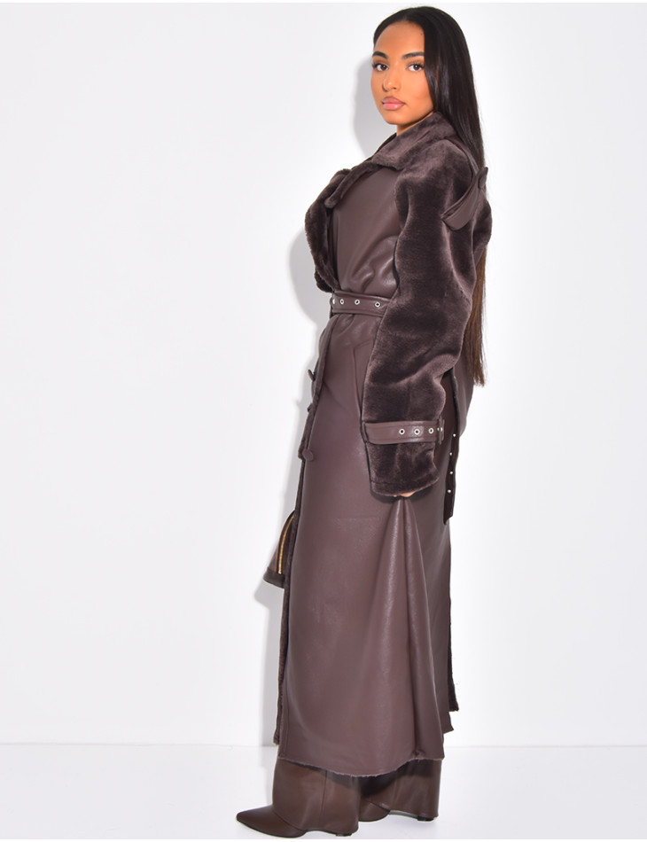 Manteau long en similicuir fourré & empiècements contrastants