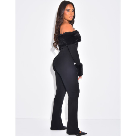 Set aus Hose und Pullover mit U-Boot-Ausschnitt und Pelzbesatz