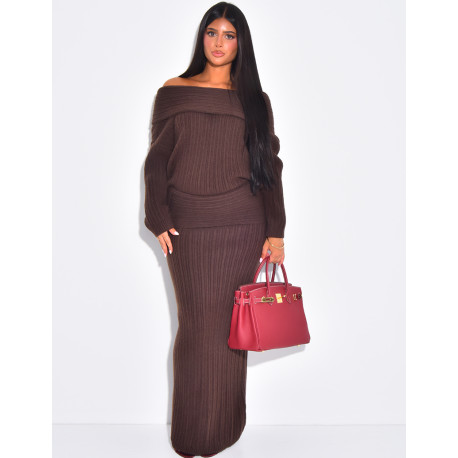 Wool boat neck jumper and long skirt set