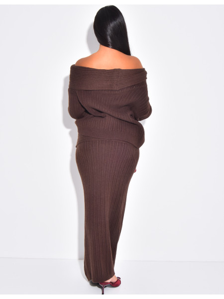 Wool boat neck jumper and long skirt set