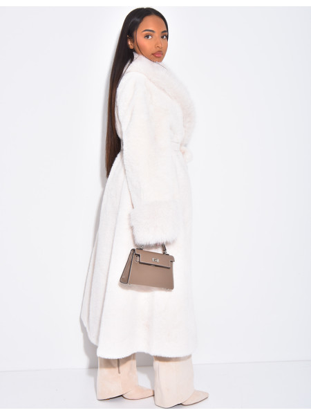 Belted faux fur coat