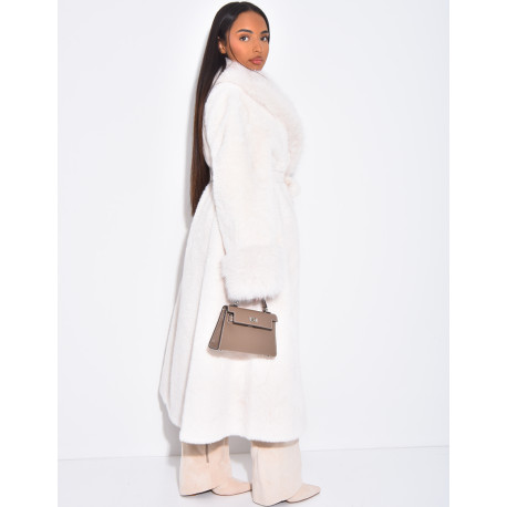 Belted faux fur coat