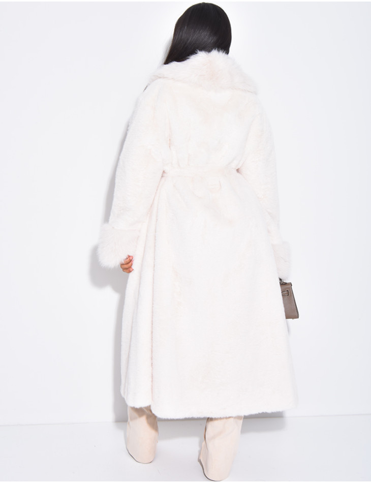 Belted faux fur coat