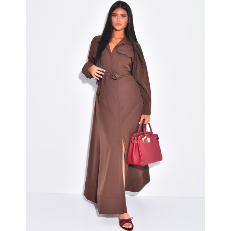 Long shirt dress with pocket and waist belt