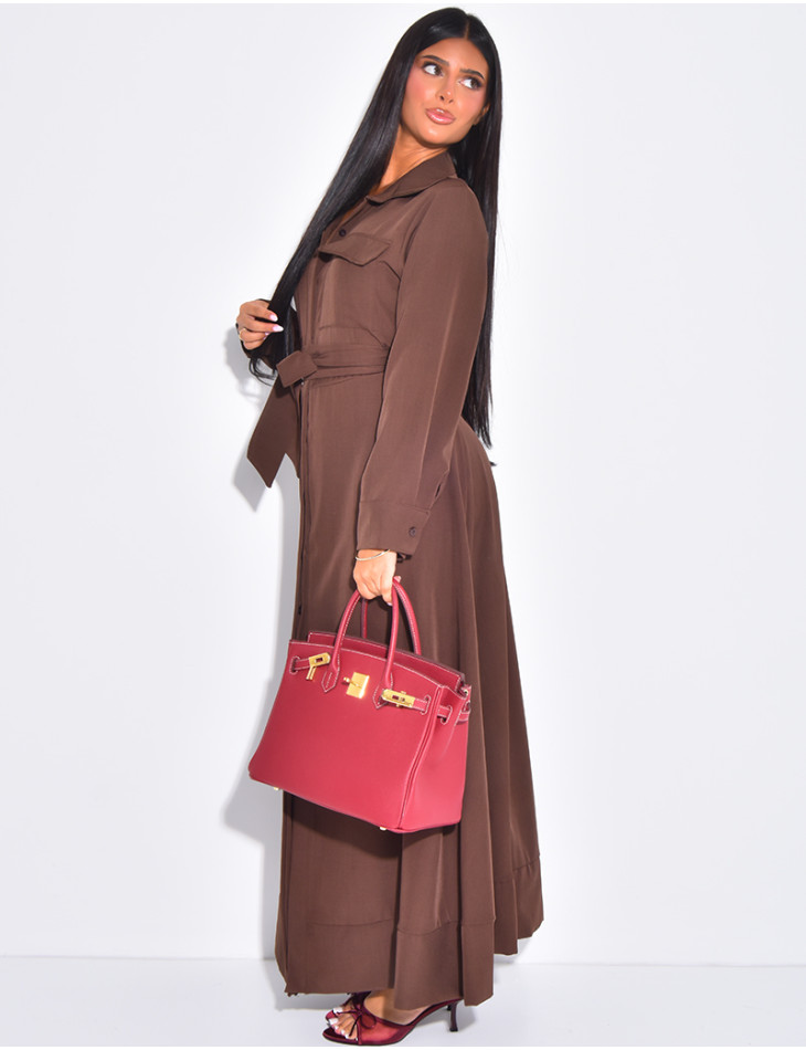 Long shirt dress with pocket and waist belt