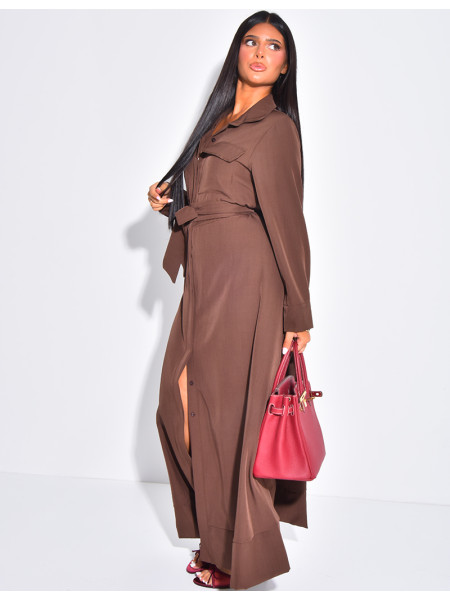 Long shirt dress with pocket and waist belt