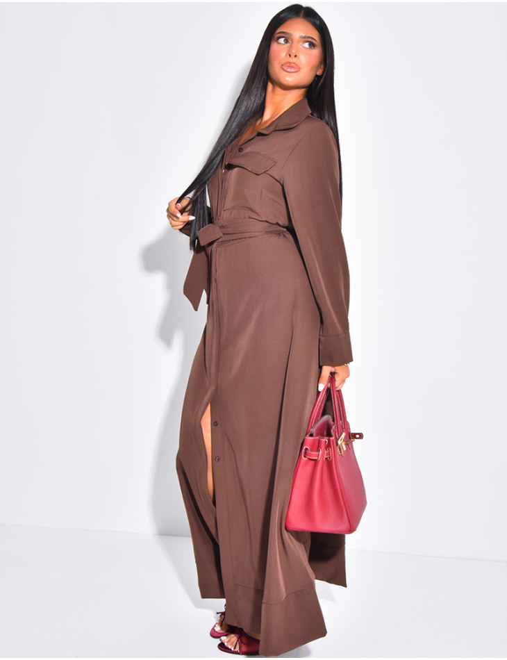 Long shirt dress with pocket and waist belt