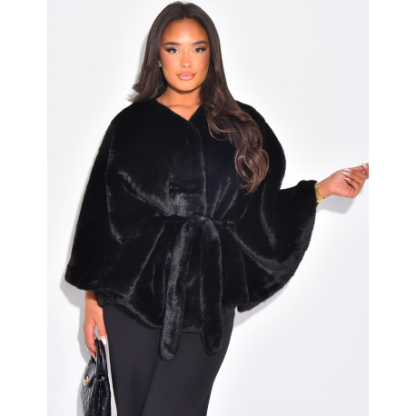 Short faux fur cape with tie