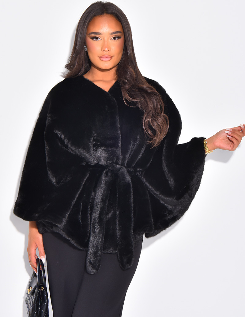 Short faux fur cape with tie