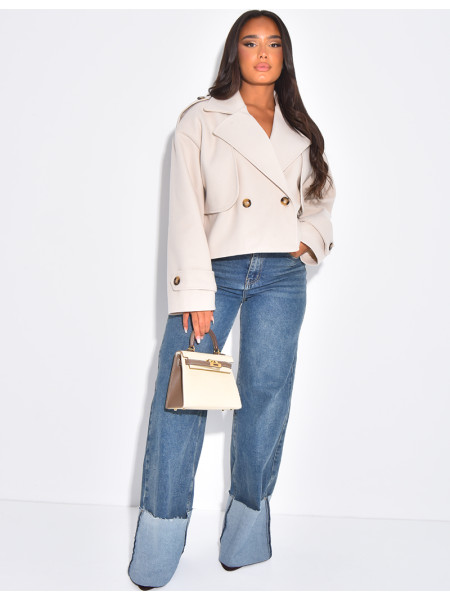 Short buttoned felt trench coat