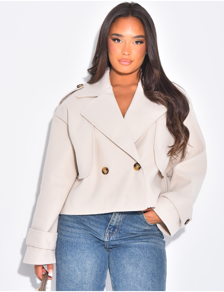 Short buttoned felt trench coat