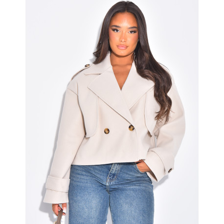 Short buttoned felt trench coat