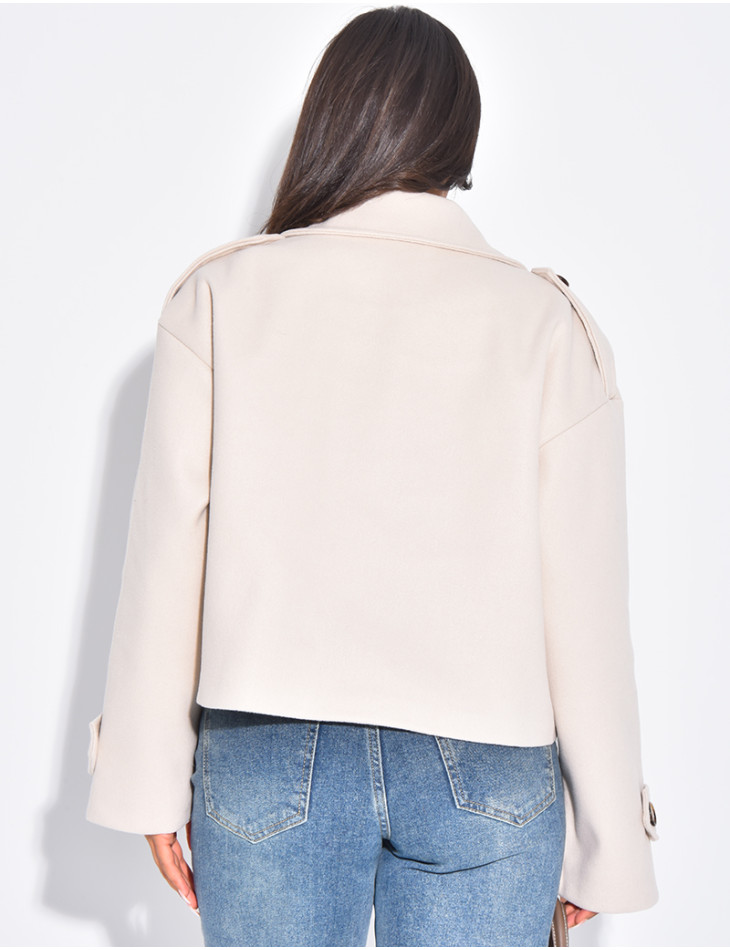 Short buttoned felt trench coat