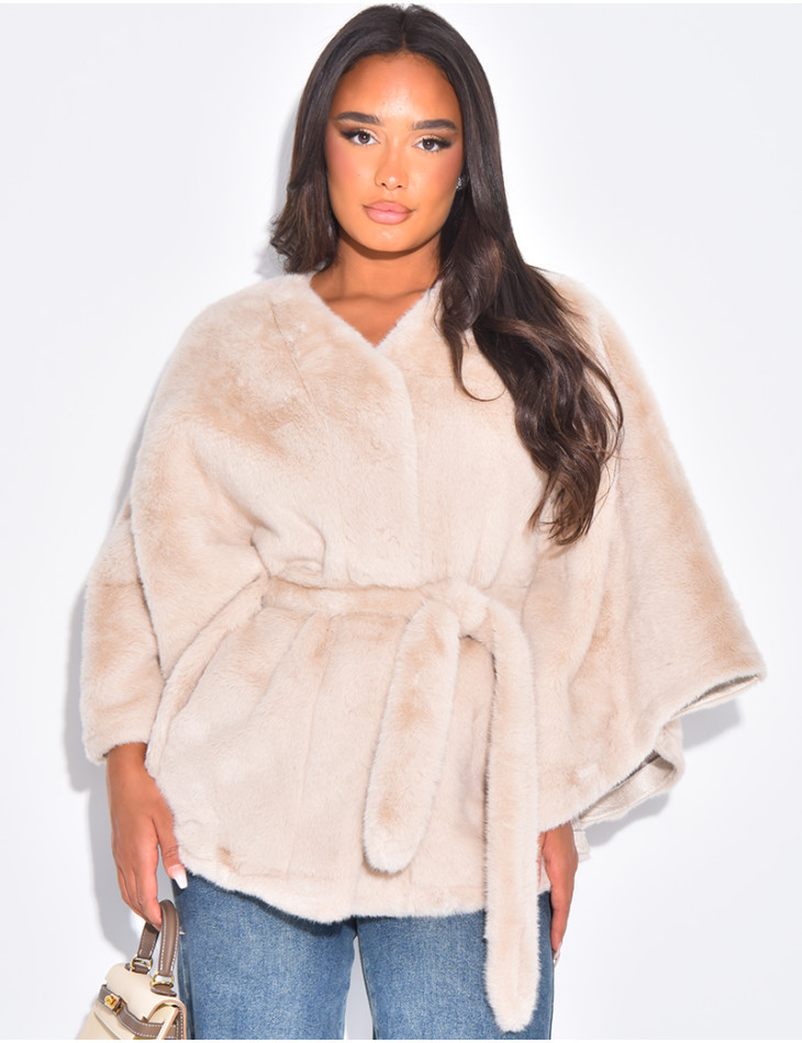 Short faux fur cape with tie