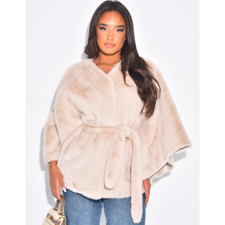 Short faux fur cape with tie
