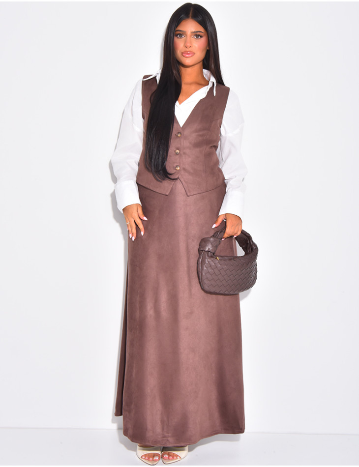 Suede-effect cardigan and skirt set