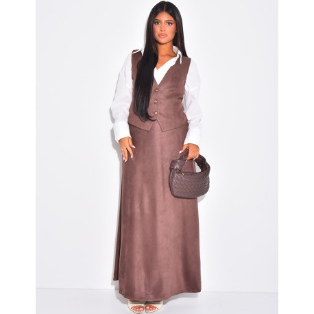 Suede-effect cardigan and skirt set