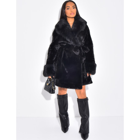 Mid-length faux fur coat with belt