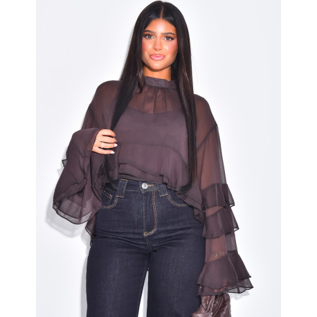 Blouse en voile transparent à volant et doublure