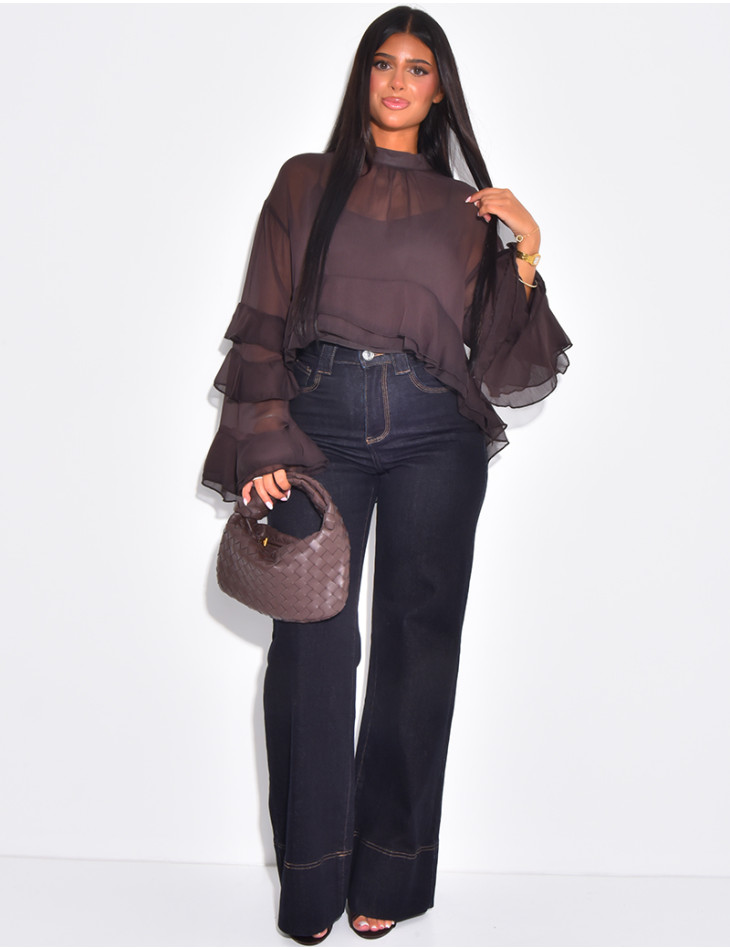 Blouse en voile transparent à volant et doublure