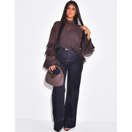 Blouse en voile transparent à volant et doublure