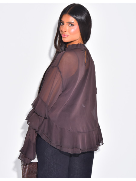 Blouse en voile transparent à volant et doublure