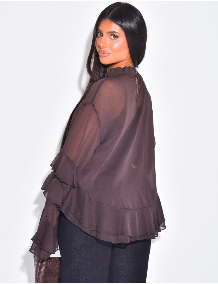 Blouse en voile transparent à volant et doublure