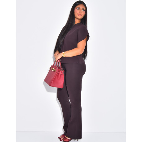 Ensemble gilet en maille côtelée et pantalon taille haute côtelé