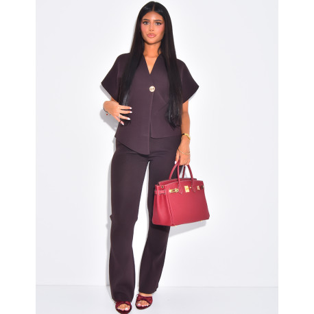 Ribbed knit cardigan and high-waisted ribbed trousers set