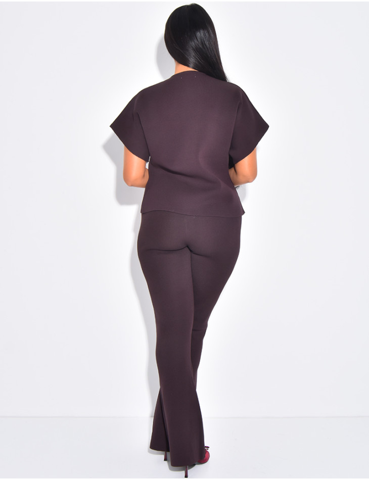 Ensemble gilet en maille côtelée et pantalon taille haute côtelé