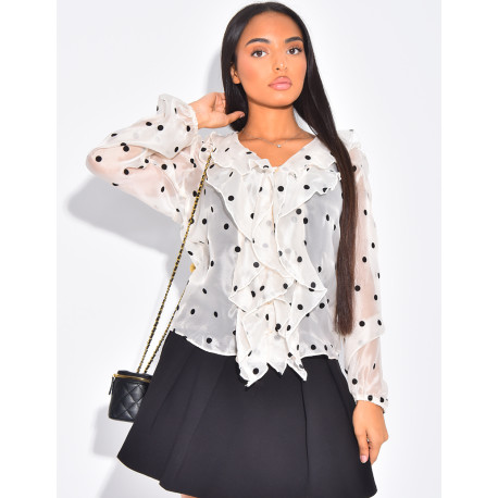 Transparent voile blouse with ruffles & polka dots