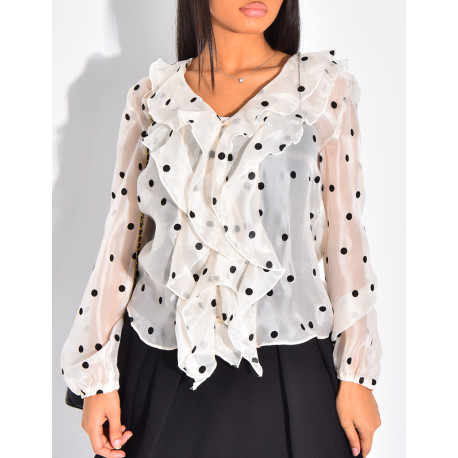Chemisier en voile transparent à volants & pois